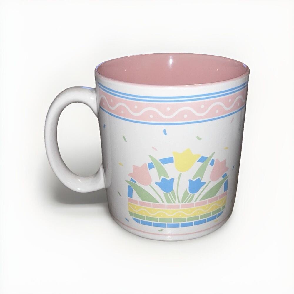 Vintage Freelance Botanical Coffee Tea Mug Pink Blue Yellow Tulips 3.75 Inches
